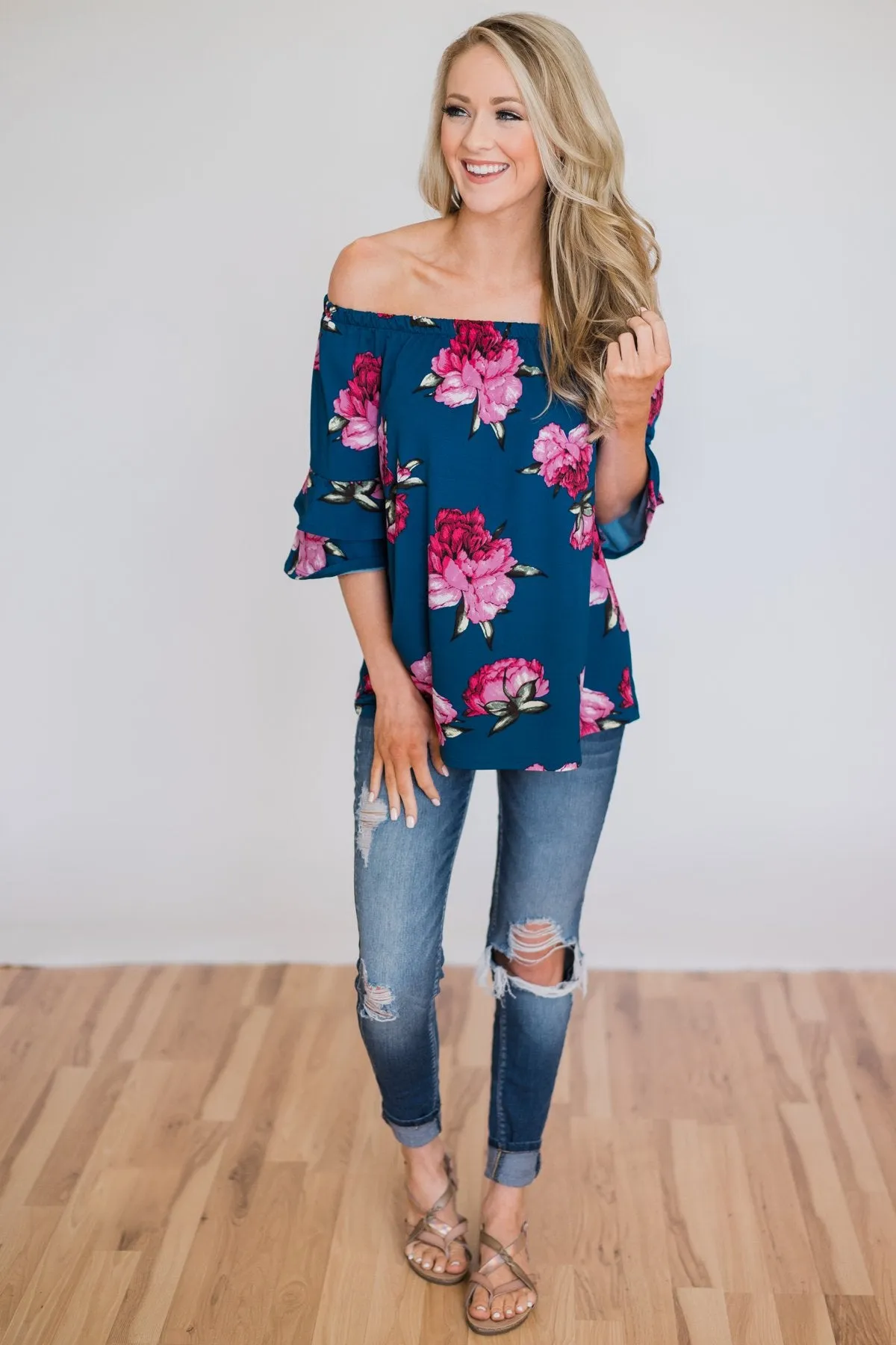 Bring on the Floral Off the Shoulder Top- Royal Blue