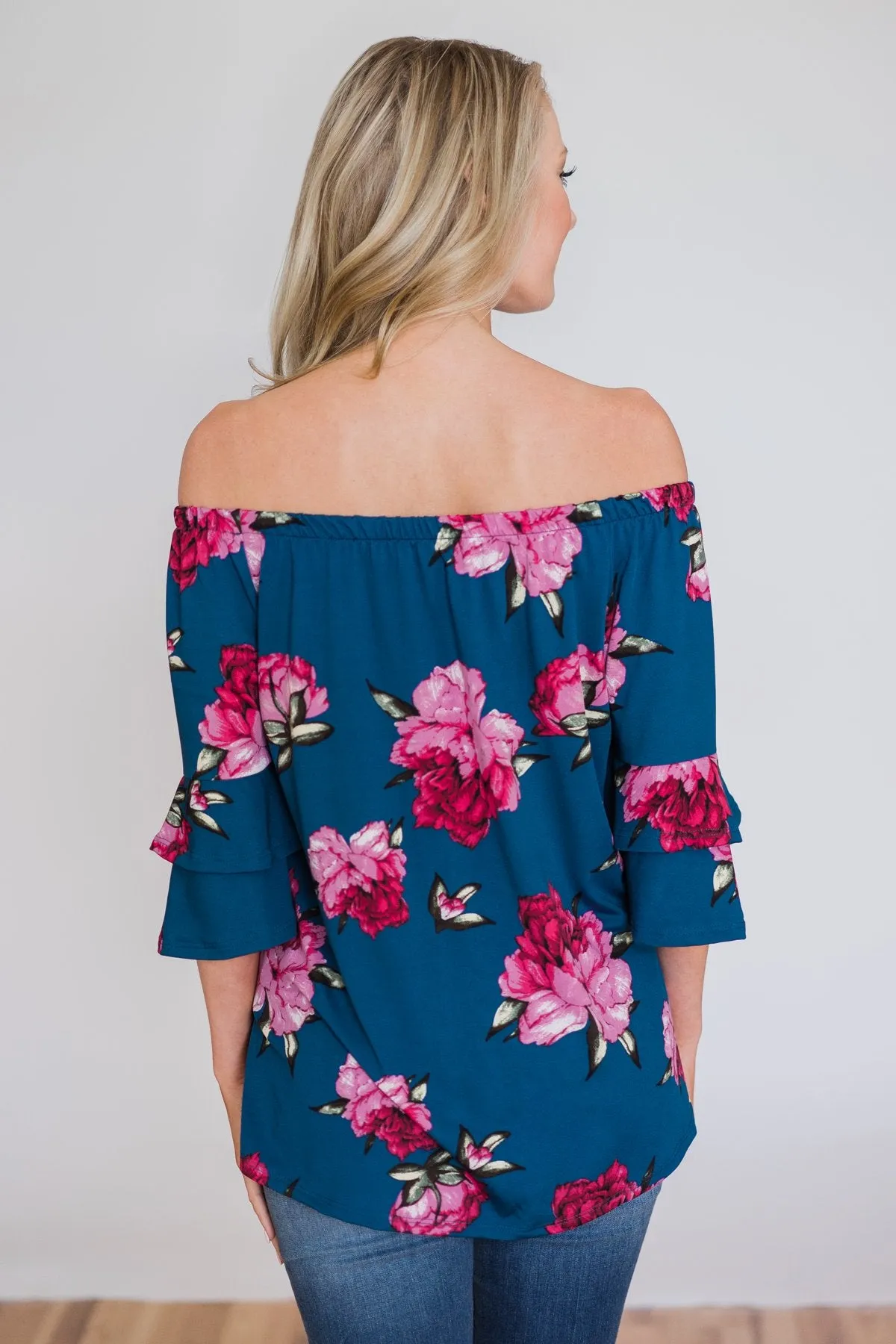 Bring on the Floral Off the Shoulder Top- Royal Blue