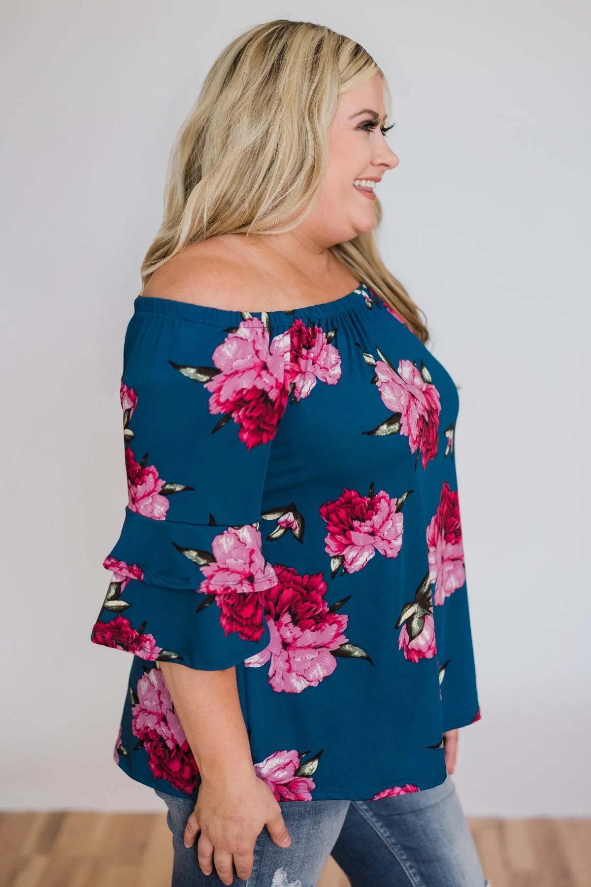 Bring on the Floral Off the Shoulder Top- Royal Blue