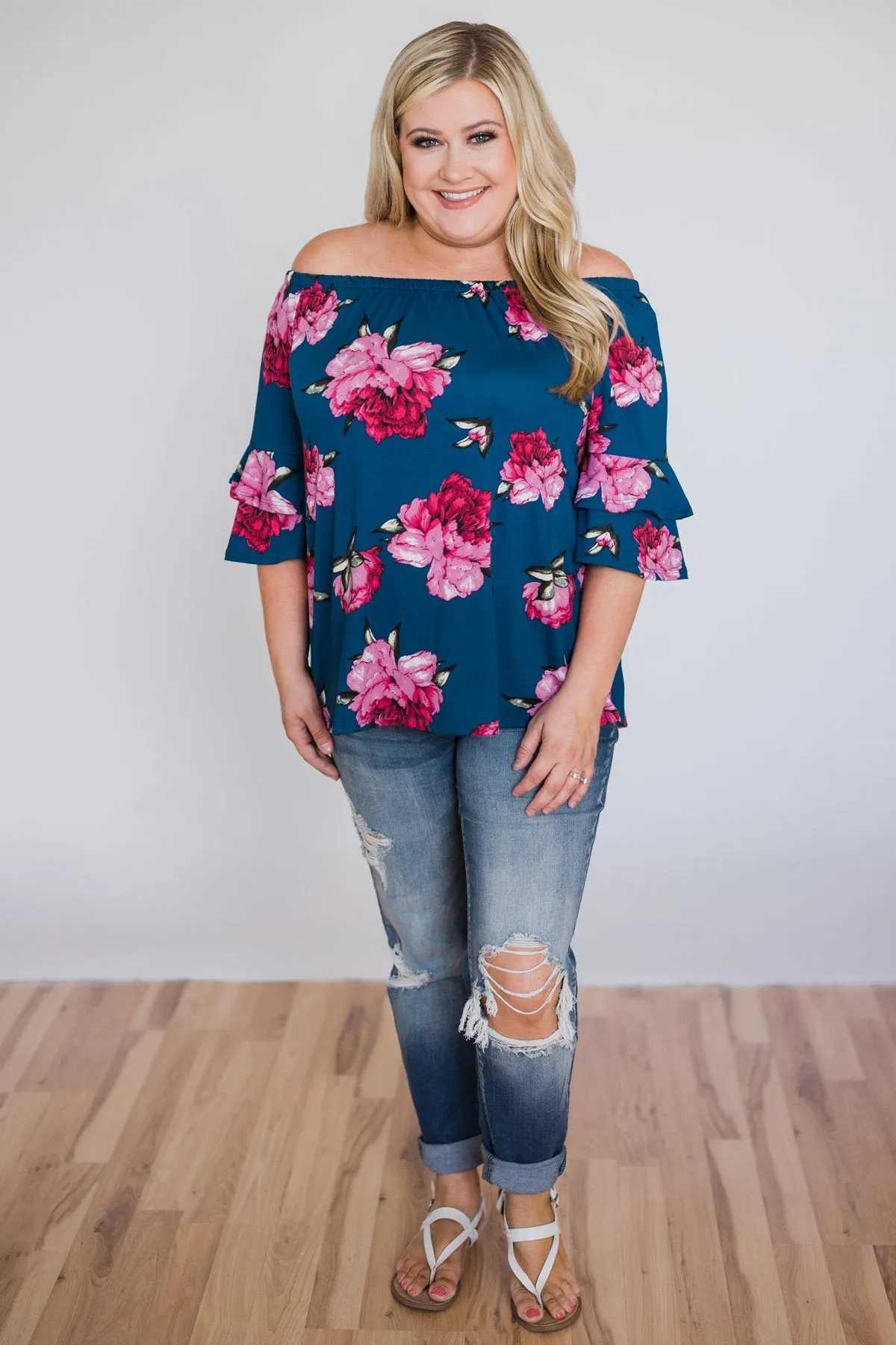 Bring on the Floral Off the Shoulder Top- Royal Blue