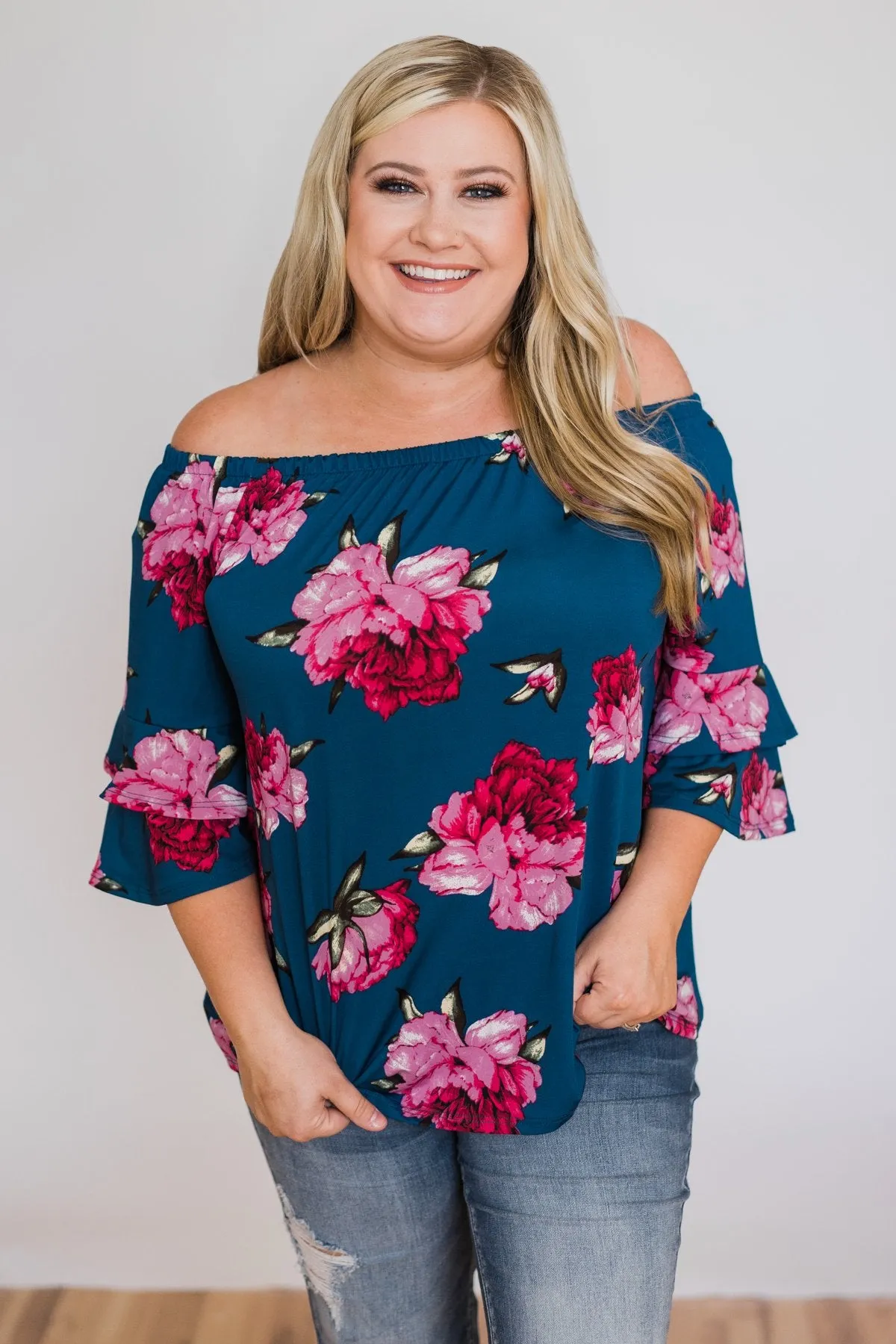 Bring on the Floral Off the Shoulder Top- Royal Blue