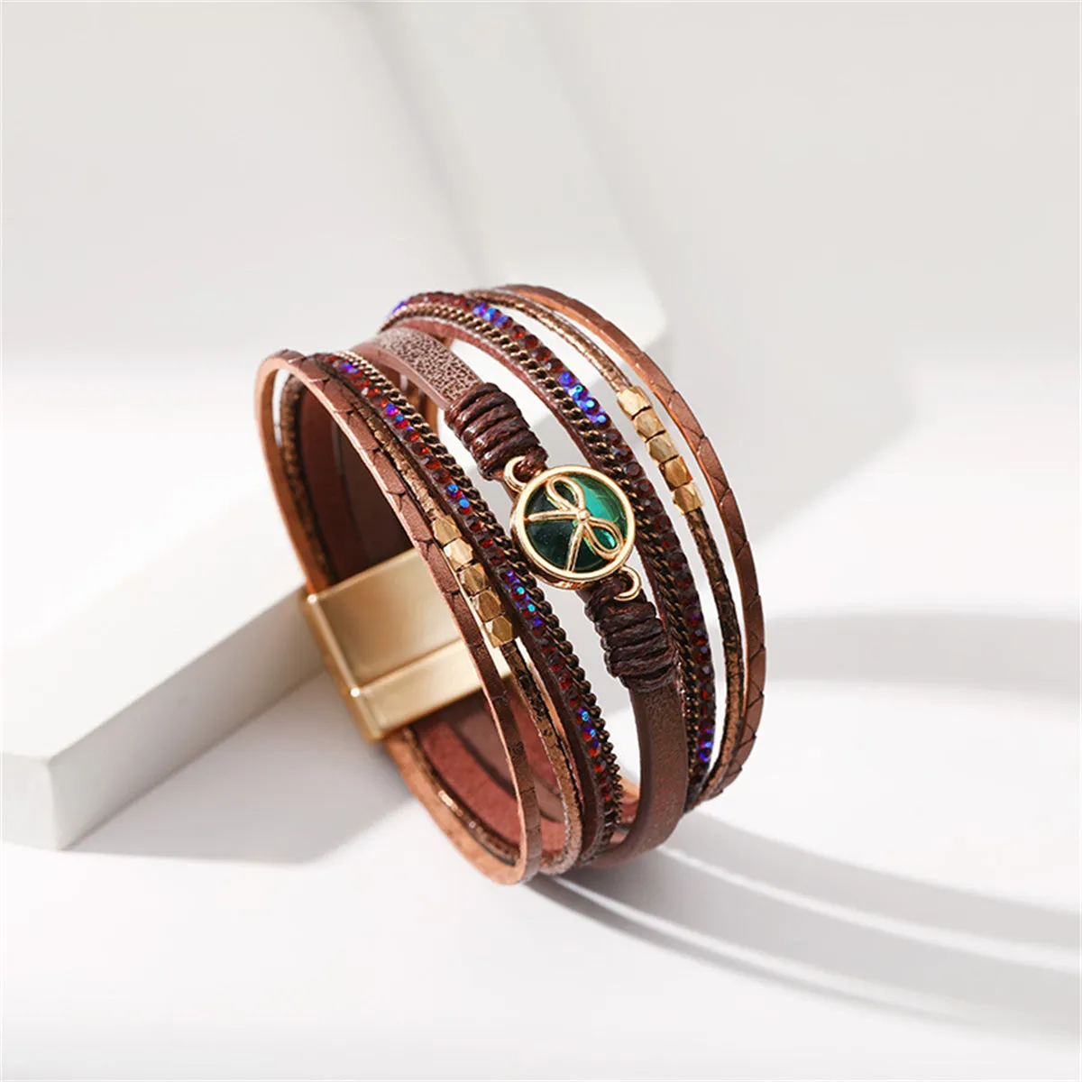 Brown Polystyrene & Cubic Zirconia 18K Gold-Plated Embellished Layered Bracelet
