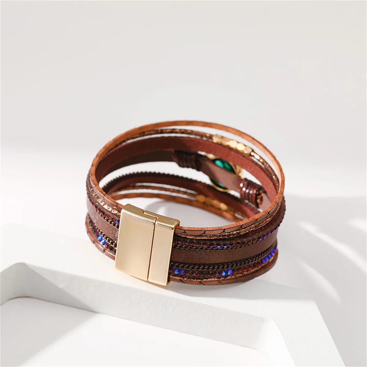 Brown Polystyrene & Cubic Zirconia 18K Gold-Plated Embellished Layered Bracelet