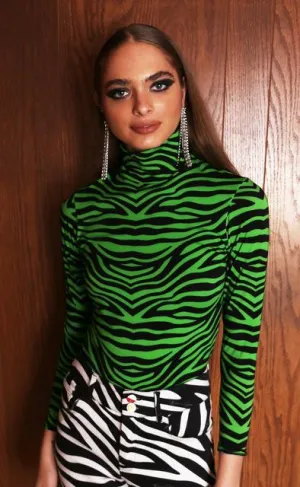 BruceGlen Lime Green Zebra Print Turtleneck