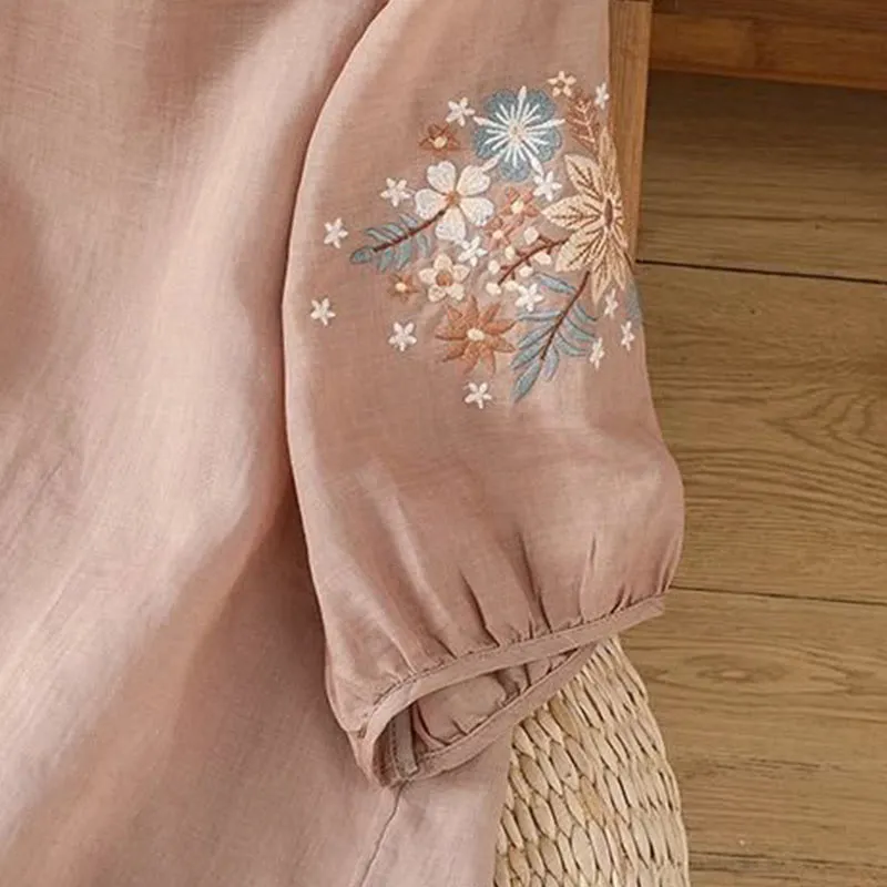 Buddha Stones Casual Flower Leaf Embroidery Women's Crew Neck Design Three Quarter Sleeve Cotton Linen T-shirt
