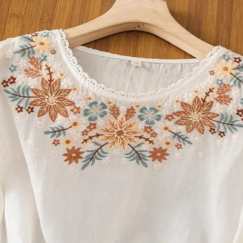 Buddha Stones Casual Flower Leaf Embroidery Women's Crew Neck Design Three Quarter Sleeve Cotton Linen T-shirt