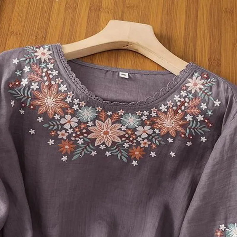 Buddha Stones Casual Flower Leaf Embroidery Women's Crew Neck Design Three Quarter Sleeve Cotton Linen T-shirt