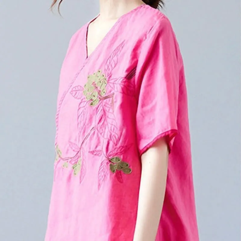 Buddha Stones Summer Casual Ethnic Embroidery Flower Lace-up Short Sleeve V-neck Cotton Linen Women's T-Shirt