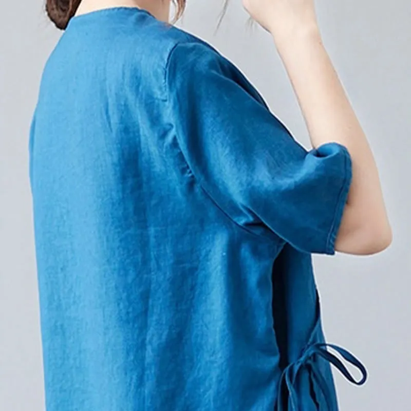 Buddha Stones Summer Casual Ethnic Embroidery Flower Lace-up Short Sleeve V-neck Cotton Linen Women's T-Shirt