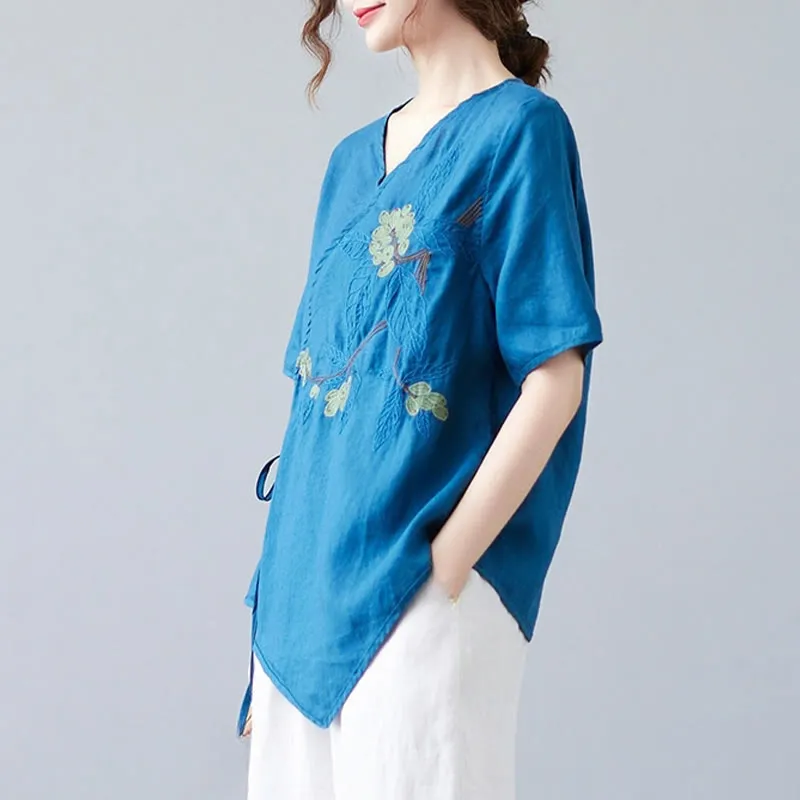 Buddha Stones Summer Casual Ethnic Embroidery Flower Lace-up Short Sleeve V-neck Cotton Linen Women's T-Shirt
