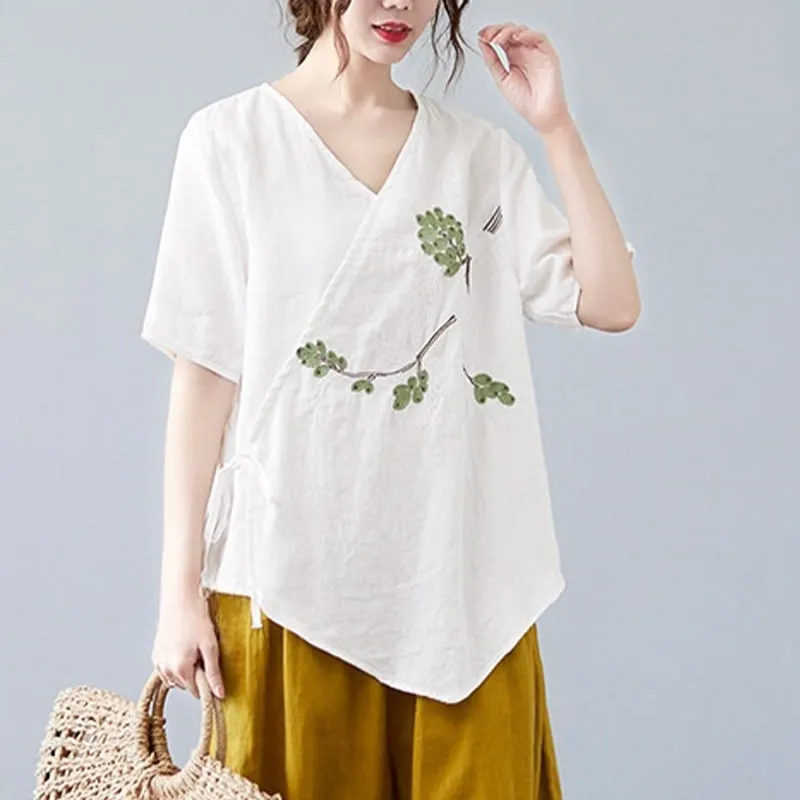 Buddha Stones Summer Casual Ethnic Embroidery Flower Lace-up Short Sleeve V-neck Cotton Linen Women's T-Shirt
