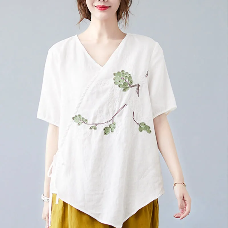 Buddha Stones Summer Casual Ethnic Embroidery Flower Lace-up Short Sleeve V-neck Cotton Linen Women's T-Shirt
