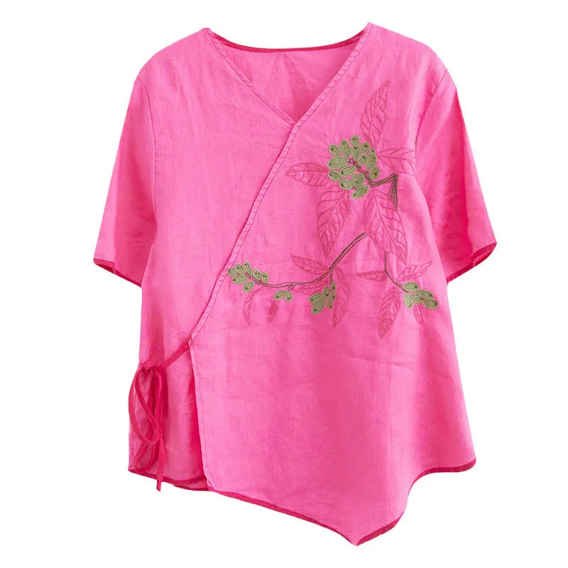 Buddha Stones Summer Casual Ethnic Embroidery Flower Lace-up Short Sleeve V-neck Cotton Linen Women's T-Shirt