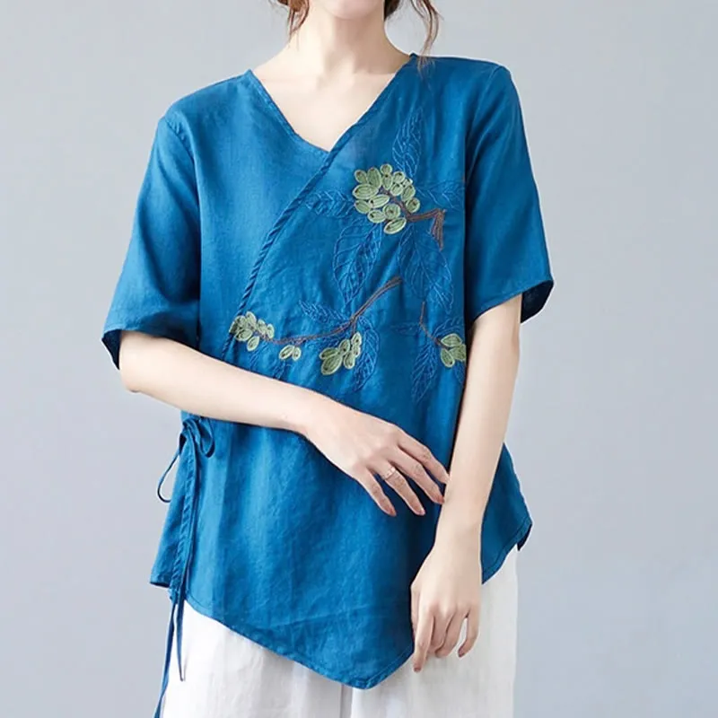 Buddha Stones Summer Casual Ethnic Embroidery Flower Lace-up Short Sleeve V-neck Cotton Linen Women's T-Shirt