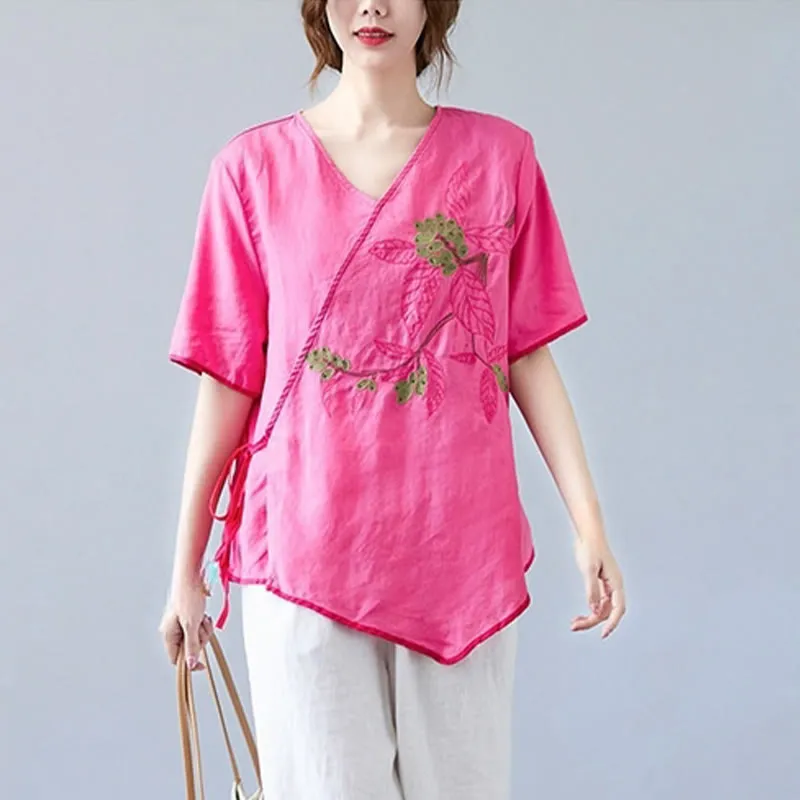 Buddha Stones Summer Casual Ethnic Embroidery Flower Lace-up Short Sleeve V-neck Cotton Linen Women's T-Shirt