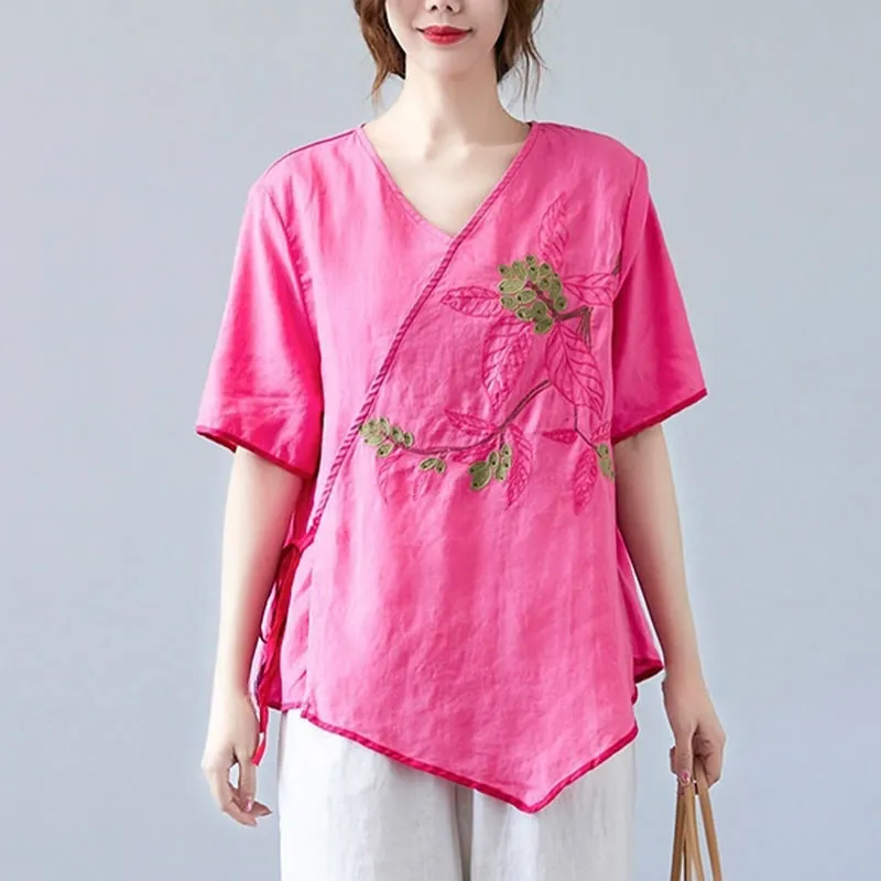 Buddha Stones Summer Casual Ethnic Embroidery Flower Lace-up Short Sleeve V-neck Cotton Linen Women's T-Shirt