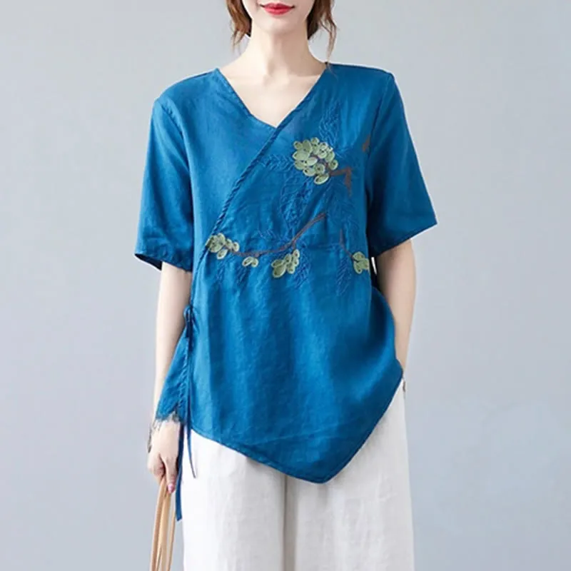 Buddha Stones Summer Casual Ethnic Embroidery Flower Lace-up Short Sleeve V-neck Cotton Linen Women's T-Shirt
