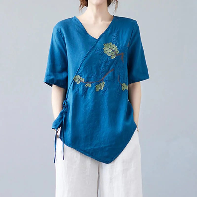 Buddha Stones Summer Casual Ethnic Embroidery Flower Lace-up Short Sleeve V-neck Cotton Linen Women's T-Shirt