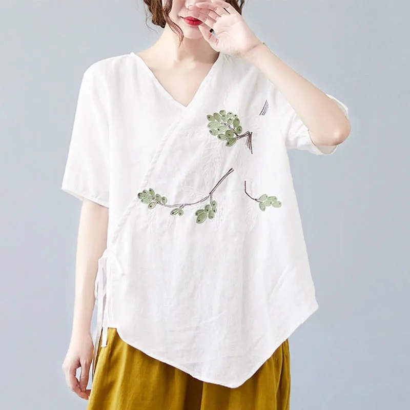 Buddha Stones Summer Casual Ethnic Embroidery Flower Lace-up Short Sleeve V-neck Cotton Linen Women's T-Shirt