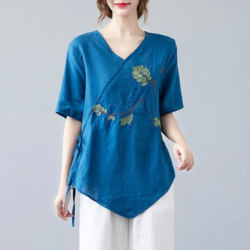 Buddha Stones Summer Casual Ethnic Embroidery Flower Lace-up Short Sleeve V-neck Cotton Linen Women's T-Shirt