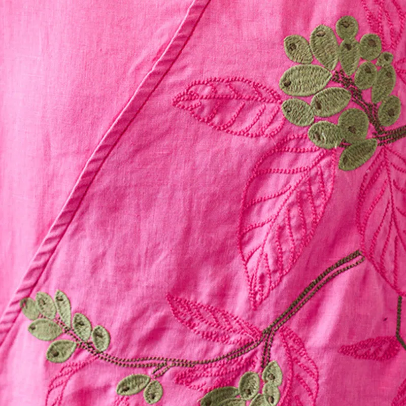 Buddha Stones Summer Casual Ethnic Embroidery Flower Lace-up Short Sleeve V-neck Cotton Linen Women's T-Shirt