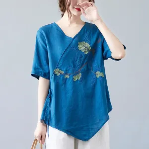Buddha Stones Summer Casual Ethnic Embroidery Flower Lace-up Short Sleeve V-neck Cotton Linen Women's T-Shirt