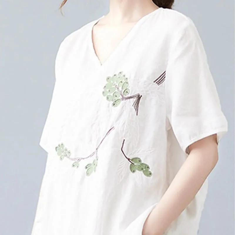 Buddha Stones Summer Casual Ethnic Embroidery Flower Lace-up Short Sleeve V-neck Cotton Linen Women's T-Shirt