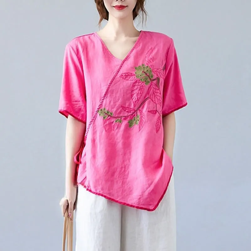 Buddha Stones Summer Casual Ethnic Embroidery Flower Lace-up Short Sleeve V-neck Cotton Linen Women's T-Shirt