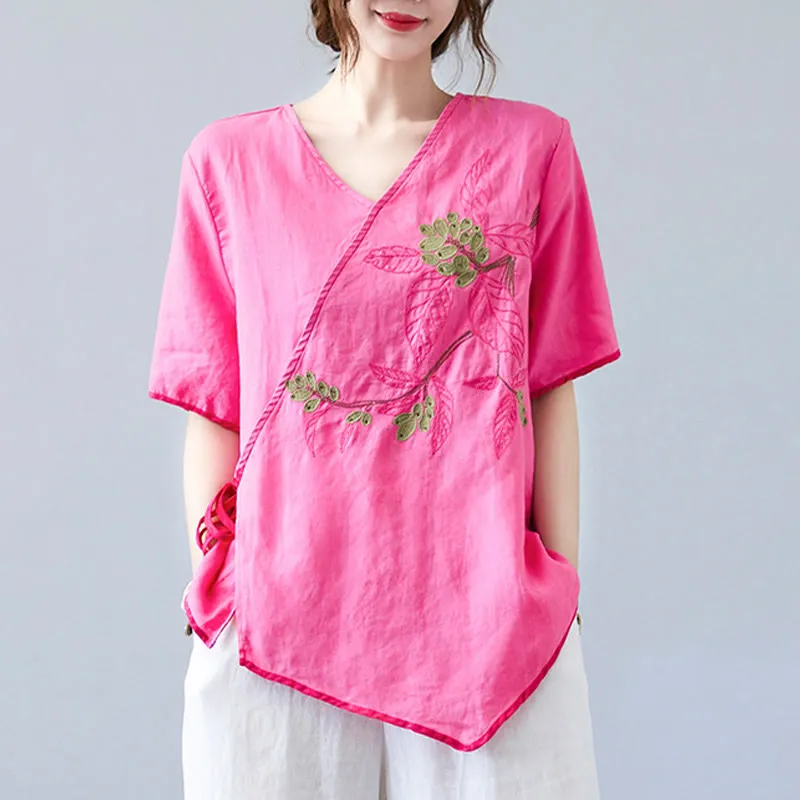 Buddha Stones Summer Casual Ethnic Embroidery Flower Lace-up Short Sleeve V-neck Cotton Linen Women's T-Shirt