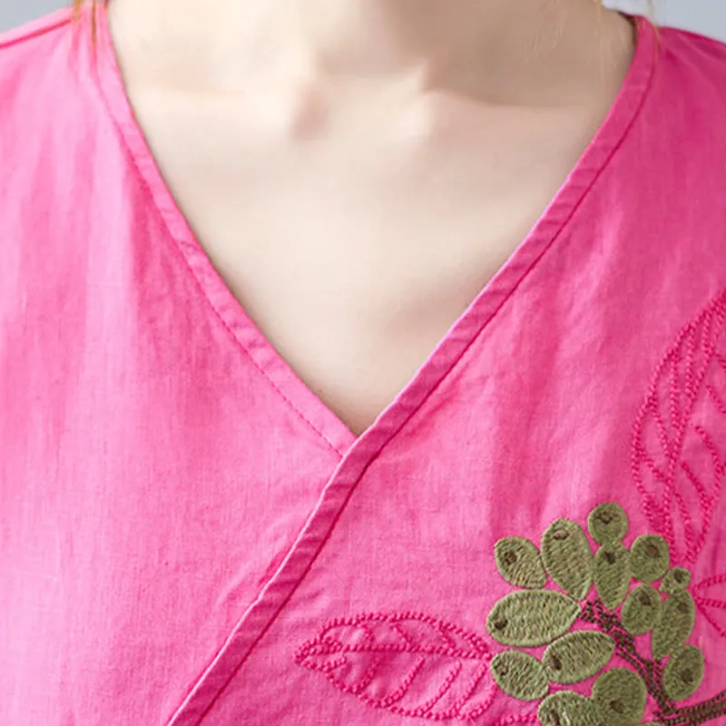 Buddha Stones Summer Casual Ethnic Embroidery Flower Lace-up Short Sleeve V-neck Cotton Linen Women's T-Shirt
