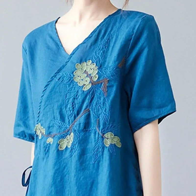 Buddha Stones Summer Casual Ethnic Embroidery Flower Lace-up Short Sleeve V-neck Cotton Linen Women's T-Shirt