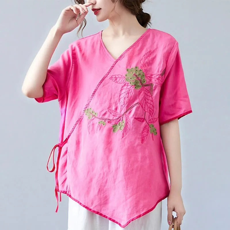 Buddha Stones Summer Casual Ethnic Embroidery Flower Lace-up Short Sleeve V-neck Cotton Linen Women's T-Shirt