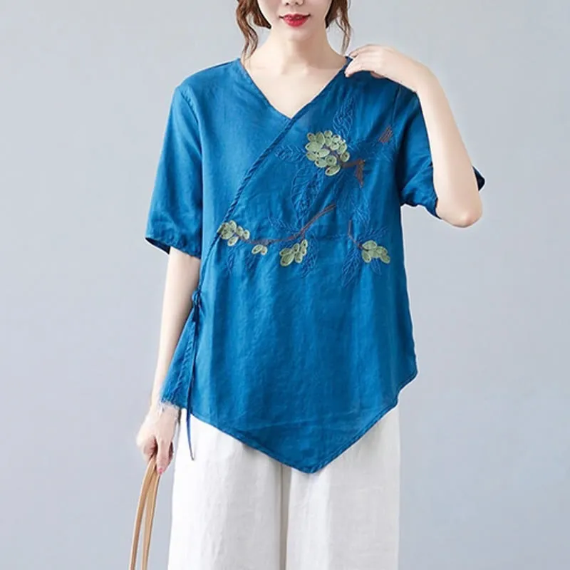Buddha Stones Summer Casual Ethnic Embroidery Flower Lace-up Short Sleeve V-neck Cotton Linen Women's T-Shirt