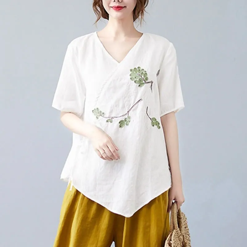 Buddha Stones Summer Casual Ethnic Embroidery Flower Lace-up Short Sleeve V-neck Cotton Linen Women's T-Shirt