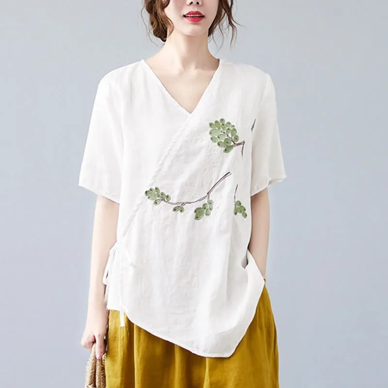 Buddha Stones Summer Casual Ethnic Embroidery Flower Lace-up Short Sleeve V-neck Cotton Linen Women's T-Shirt