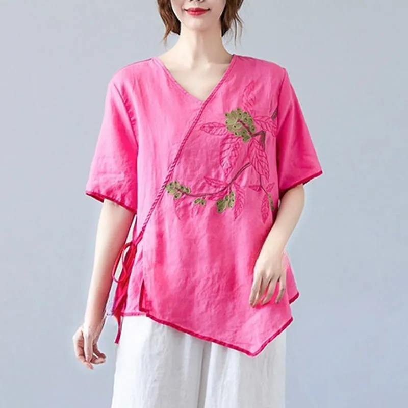 Buddha Stones Summer Casual Ethnic Embroidery Flower Lace-up Short Sleeve V-neck Cotton Linen Women's T-Shirt