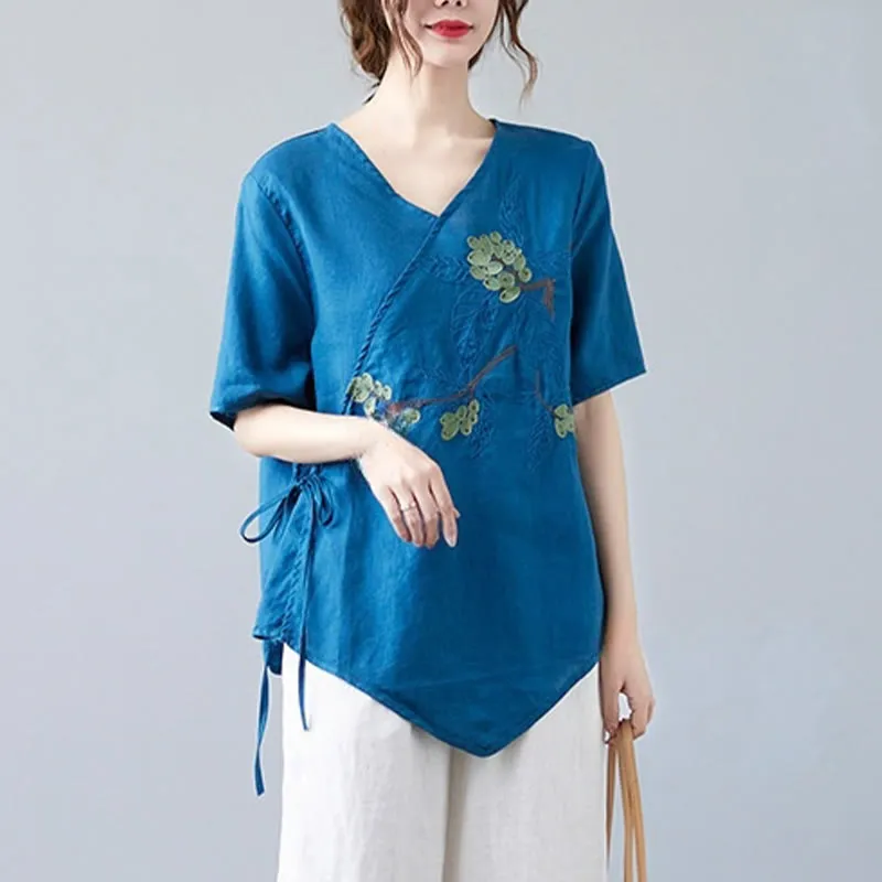 Buddha Stones Summer Casual Ethnic Embroidery Flower Lace-up Short Sleeve V-neck Cotton Linen Women's T-Shirt