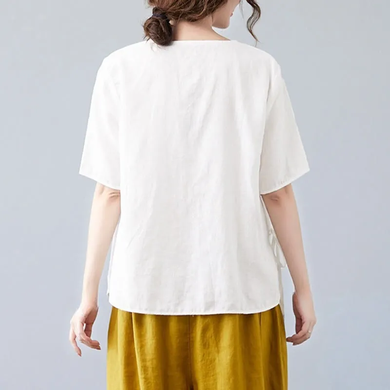Buddha Stones Summer Casual Ethnic Embroidery Flower Lace-up Short Sleeve V-neck Cotton Linen Women's T-Shirt