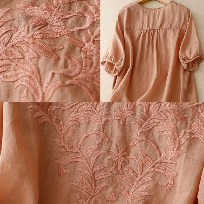 Buddha Stones Vintage Casual Pure Leaf Embroidery V-Neck Half Sleeve Cotton Linen Women's T-Shirt