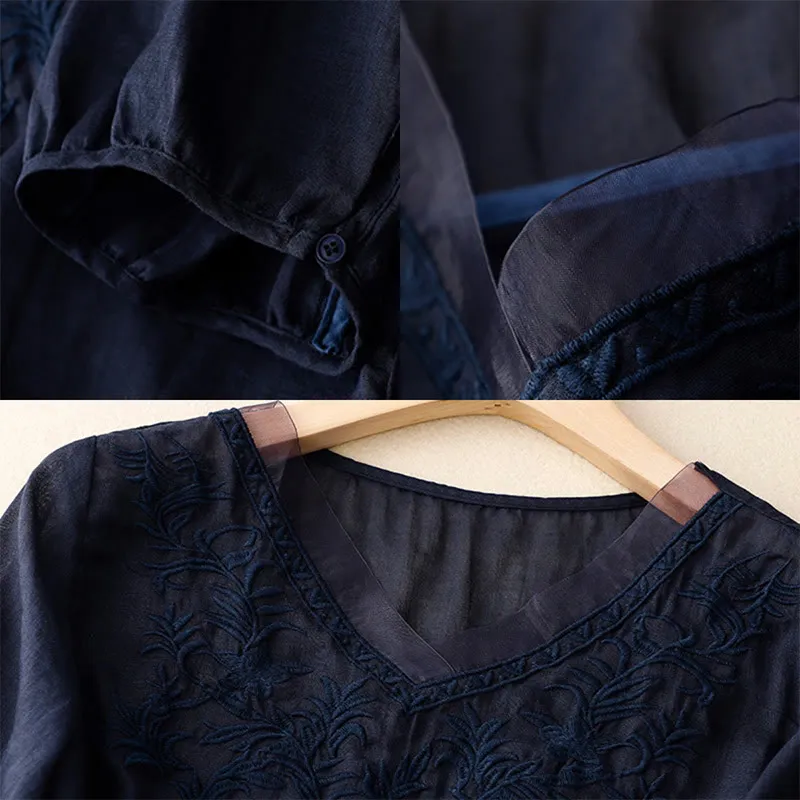 Buddha Stones Vintage Casual Pure Leaf Embroidery V-Neck Half Sleeve Cotton Linen Women's T-Shirt
