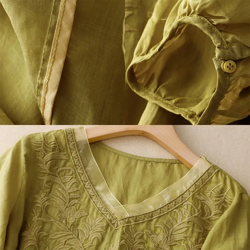 Buddha Stones Vintage Casual Pure Leaf Embroidery V-Neck Half Sleeve Cotton Linen Women's T-Shirt