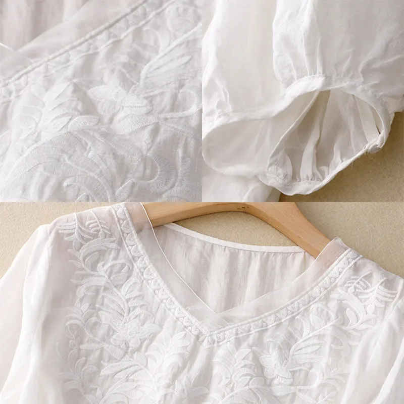 Buddha Stones Vintage Casual Pure Leaf Embroidery V-Neck Half Sleeve Cotton Linen Women's T-Shirt