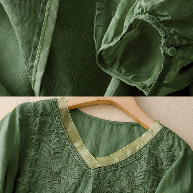 Buddha Stones Vintage Casual Pure Leaf Embroidery V-Neck Half Sleeve Cotton Linen Women's T-Shirt