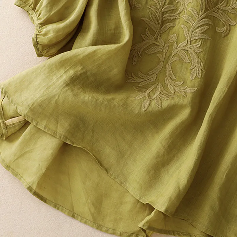 Buddha Stones Vintage Casual Pure Leaf Embroidery V-Neck Half Sleeve Cotton Linen Women's T-Shirt