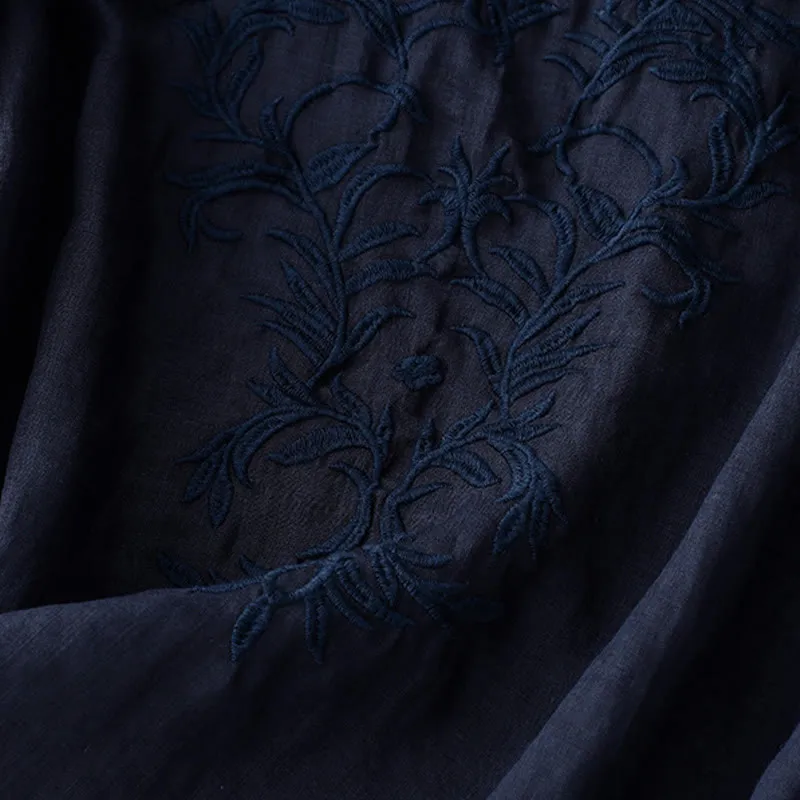 Buddha Stones Vintage Casual Pure Leaf Embroidery V-Neck Half Sleeve Cotton Linen Women's T-Shirt