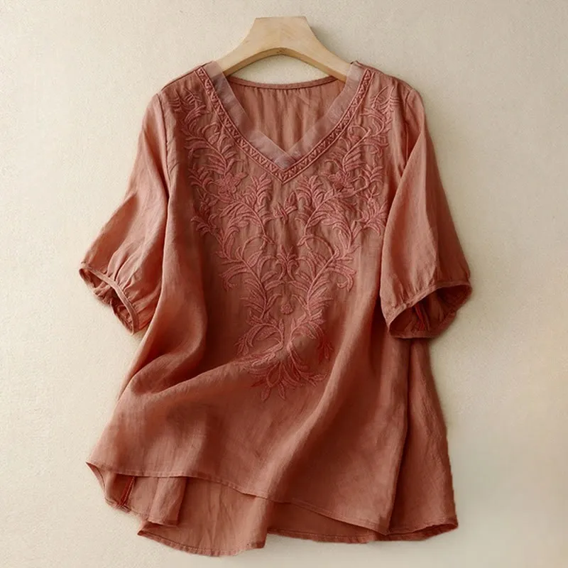 Buddha Stones Vintage Casual Pure Leaf Embroidery V-Neck Half Sleeve Cotton Linen Women's T-Shirt
