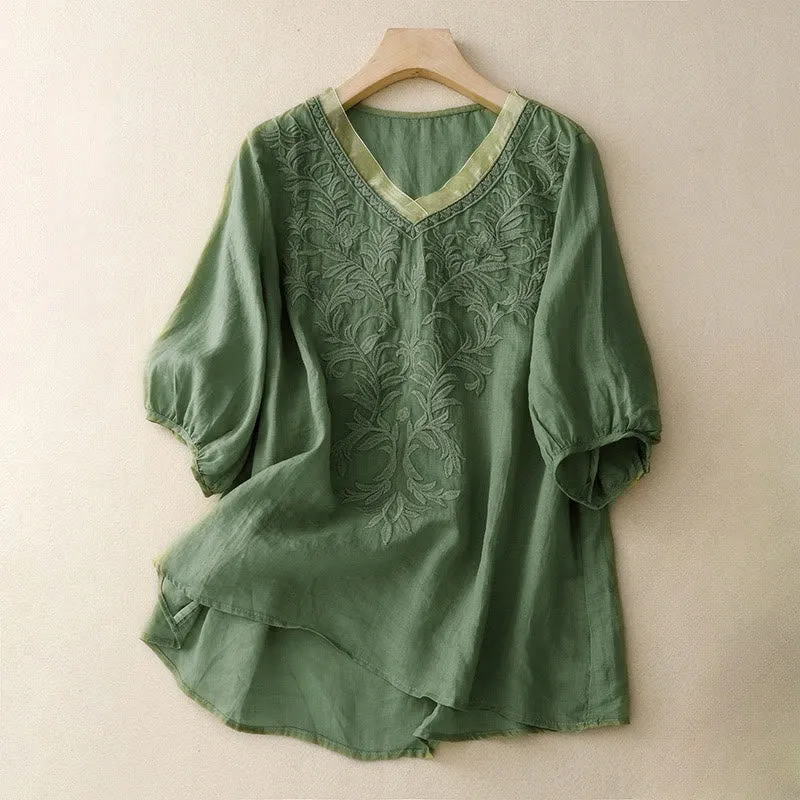 Buddha Stones Vintage Casual Pure Leaf Embroidery V-Neck Half Sleeve Cotton Linen Women's T-Shirt