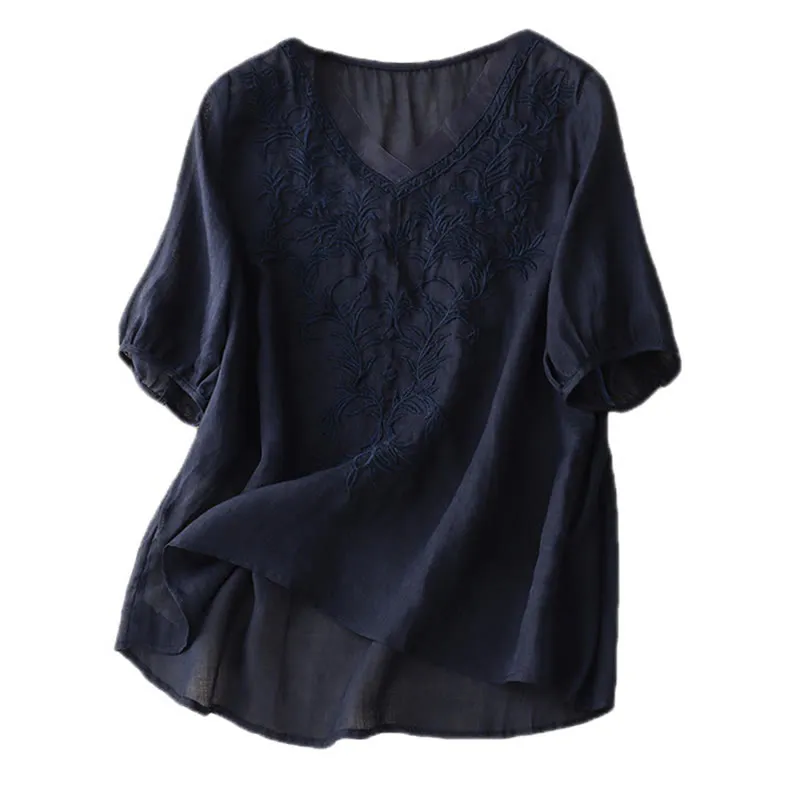 Buddha Stones Vintage Casual Pure Leaf Embroidery V-Neck Half Sleeve Cotton Linen Women's T-Shirt