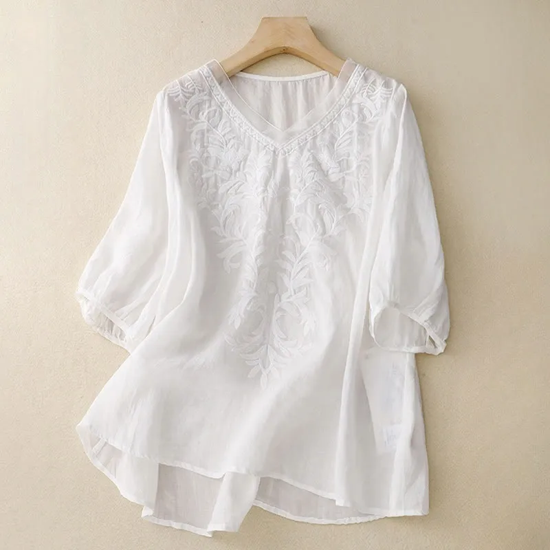 Buddha Stones Vintage Casual Pure Leaf Embroidery V-Neck Half Sleeve Cotton Linen Women's T-Shirt