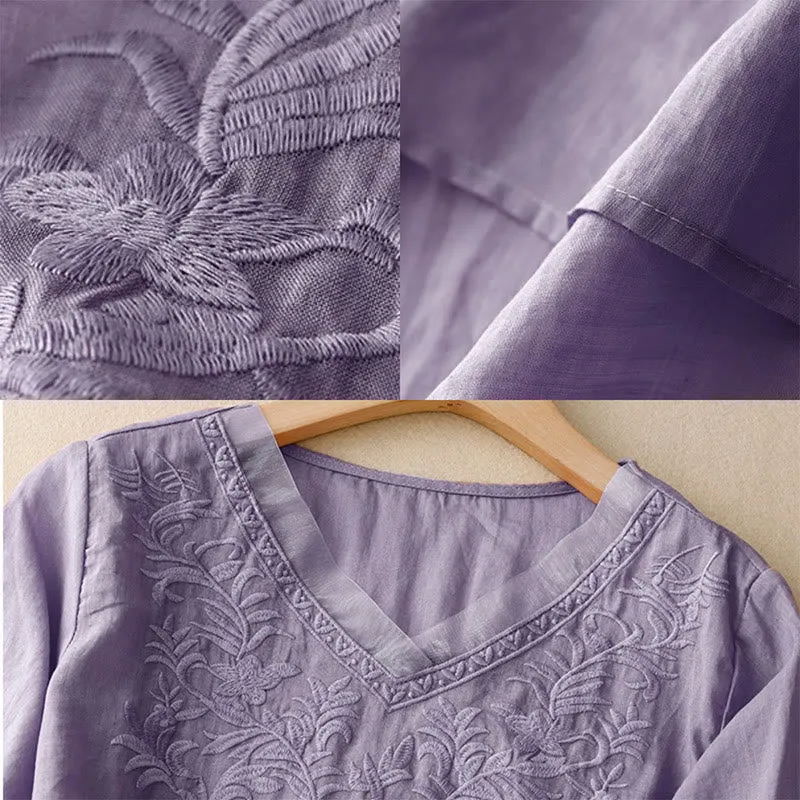Buddha Stones Vintage Casual Pure Leaf Embroidery V-Neck Half Sleeve Cotton Linen Women's T-Shirt